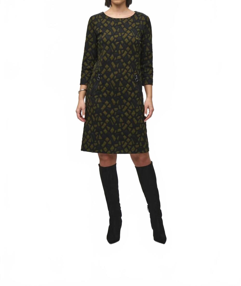 NEW JOSEPH RIBKOFF geometric jacquard shift midi dress in olive black